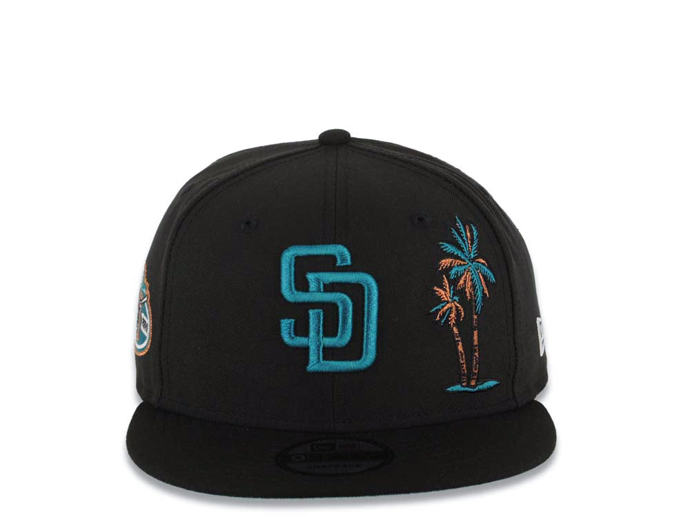 San Diego Padres New Era MLB 9FIFTY 950 Snapback Cap Hat Black Crown/Visor Teal Logo With Palm Trees 50th Anniversary Side Patch Teal UV