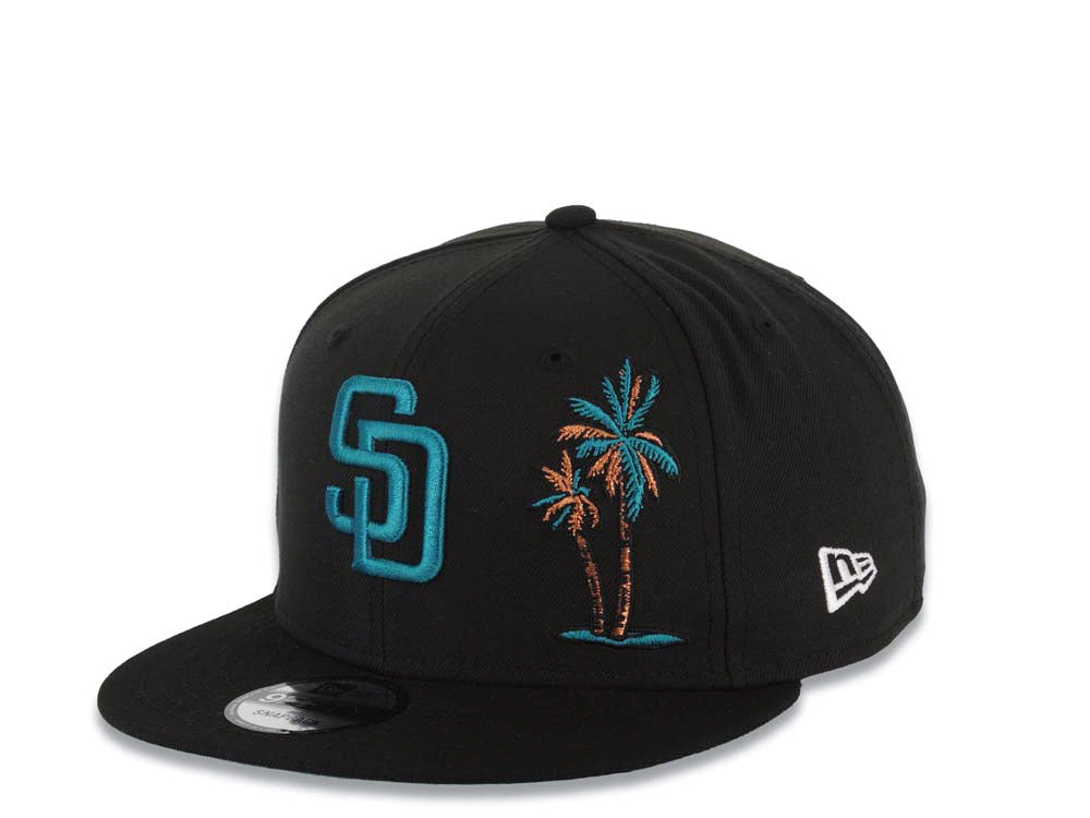 San Diego Padres New Era MLB 9FIFTY 950 Snapback Cap Hat Black Crown/Visor Teal Logo With Palm Trees 50th Anniversary Side Patch Teal UV