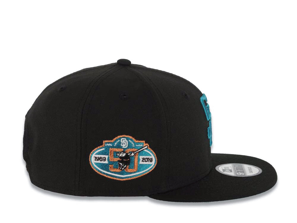 San Diego Padres New Era MLB 9FIFTY 950 Snapback Cap Hat Black Crown/Visor Teal Logo With Palm Trees 50th Anniversary Side Patch Teal UV