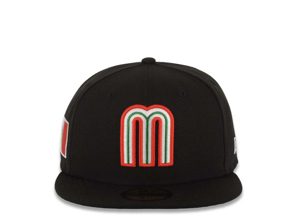 Mexico New Era WBC World Baseball Classic 59FIFTY 5950 Fitted Cap Hat Black Crown/Visor Team Color Logo Mexico Flag Side Patch Green UV
