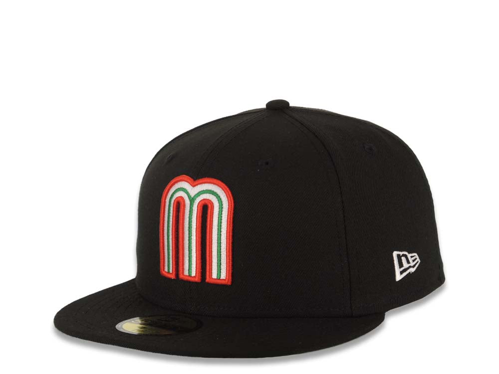 Mexico New Era WBC World Baseball Classic 59FIFTY 5950 Fitted Cap Hat Black Crown/Visor Team Color Logo Mexico Flag Side Patch Green UV