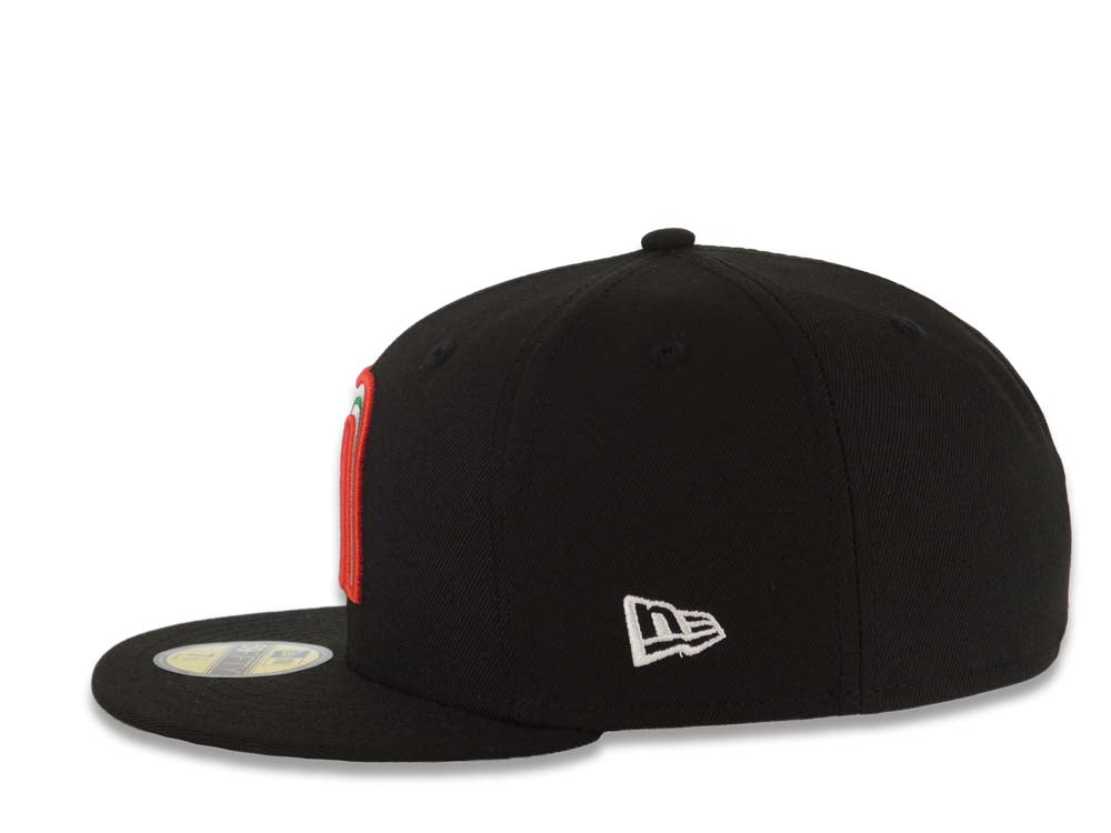 Mexico New Era WBC World Baseball Classic 59FIFTY 5950 Fitted Cap Hat Black Crown/Visor Team Color Logo Mexico Flag Side Patch Green UV