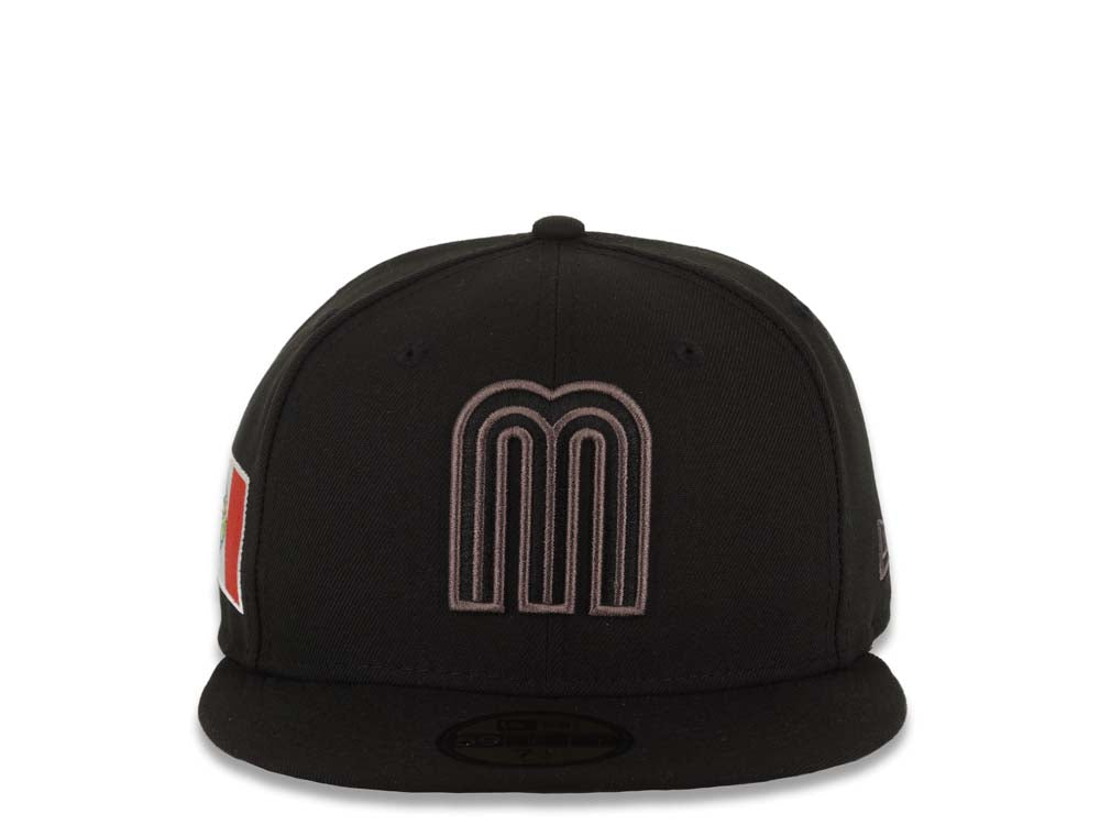 Mexico New Era WBC World Baseball Classic 59FIFTY 5950 Fitted Cap Hat Black Crown/Visor Black/Dark Gray Logo Mexico Flag Dark Gray UV