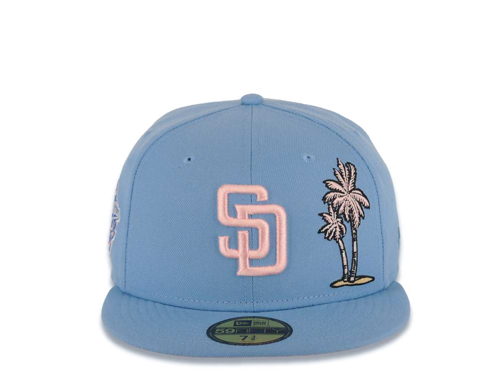 San Diego Padres New Era MLB 59FIFTY 5950 Fitted Cap Hat Sky Blue Crown/Visor Pink Logo With Palm Trees 1998 World Series Side Patch Pink UV