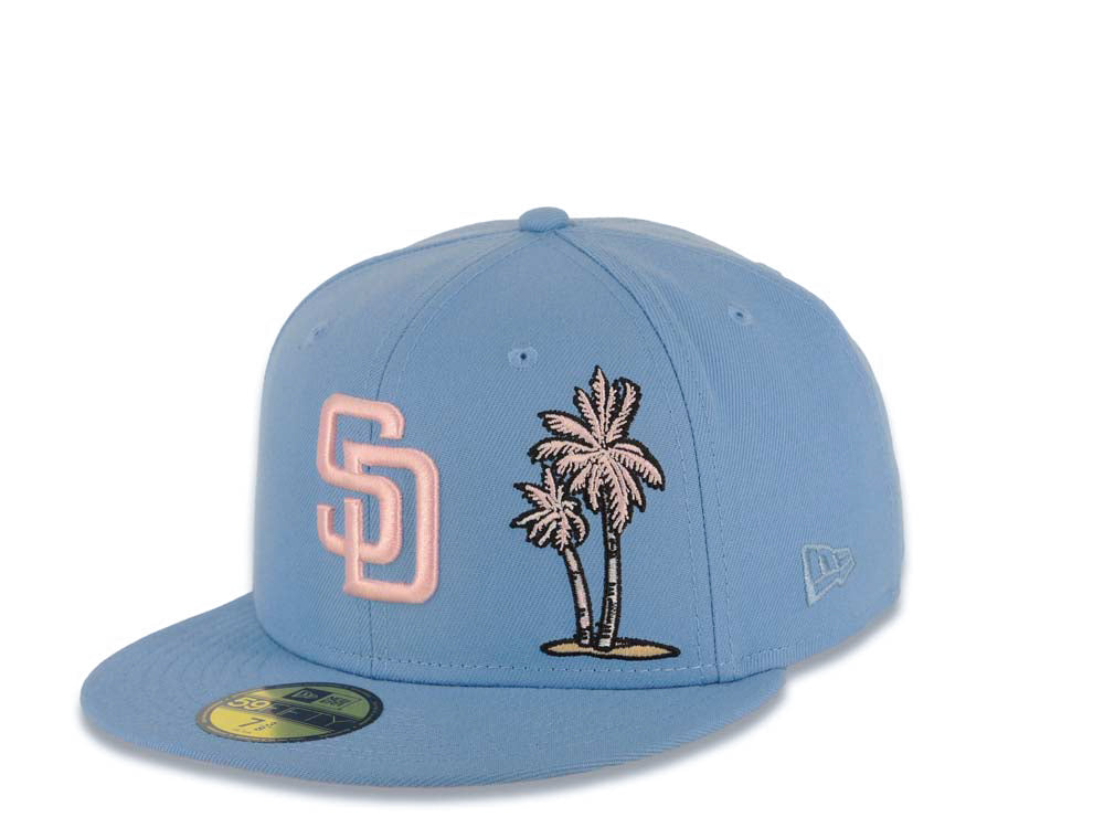 San Diego Padres New Era MLB 59FIFTY 5950 Fitted Cap Hat Sky Blue Crown/Visor Pink Logo With Palm Trees 1998 World Series Side Patch Pink UV