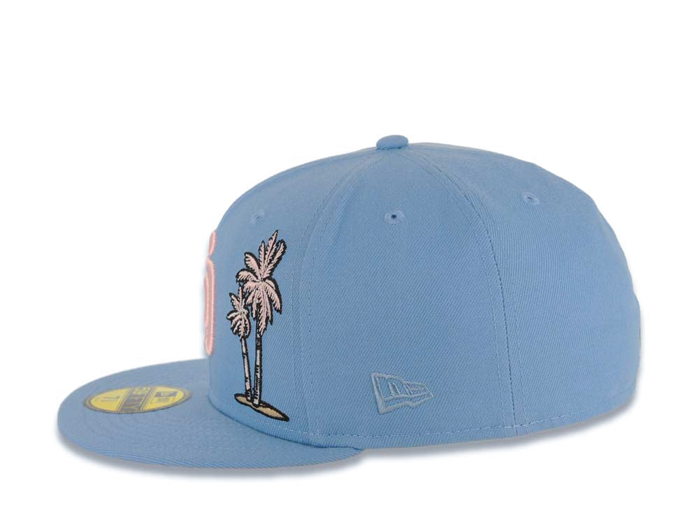 San Diego Padres New Era MLB 59FIFTY 5950 Fitted Cap Hat Sky Blue Crown/Visor Pink Logo With Palm Trees 1998 World Series Side Patch Pink UV