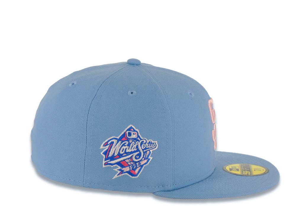 San Diego Padres New Era MLB 59FIFTY 5950 Fitted Cap Hat Sky Blue Crown/Visor Pink Logo With Palm Trees 1998 World Series Side Patch Pink UV