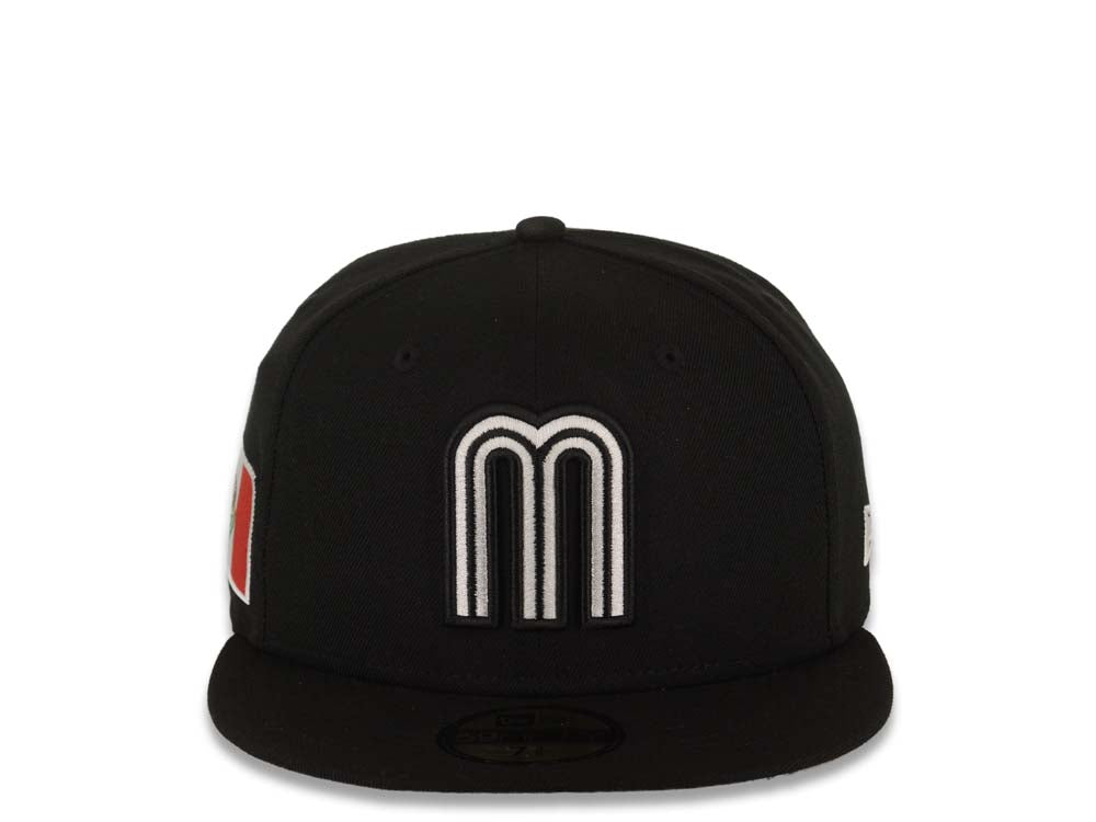 Mexico New Era WBC World Baseball Classic 59FIFTY 5950 Fitted Cap Hat Black Crown/Visor White/Black Logo Mexico Side Patch Gray UV