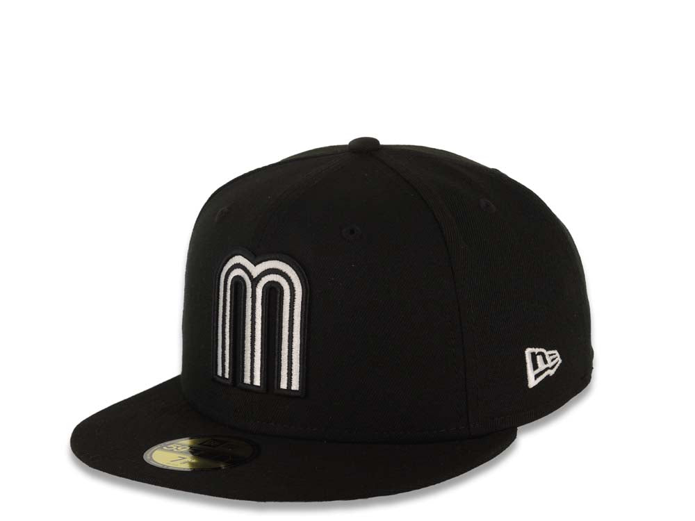 Mexico New Era WBC World Baseball Classic 59FIFTY 5950 Fitted Cap Hat Black Crown/Visor White/Black Logo Mexico Side Patch Gray UV