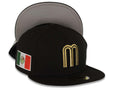 Mexico New Era WBC World Baseball Classic 59FIFTY 5950 Fitted Cap Hat Black Crown/Visor Metallic Gold/Black Logo Mexico Side Patch Gray UV