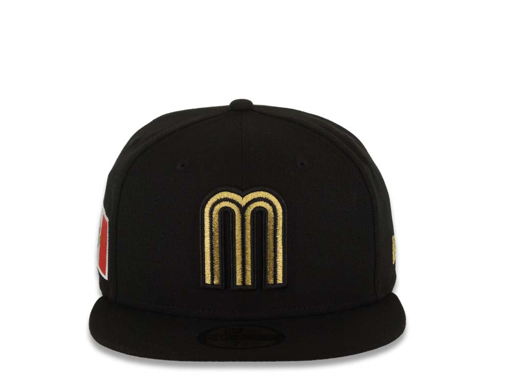 Mexico New Era WBC World Baseball Classic 59FIFTY 5950 Fitted Cap Hat Black Crown/Visor Metallic Gold/Black Logo Mexico Side Patch Gray UV