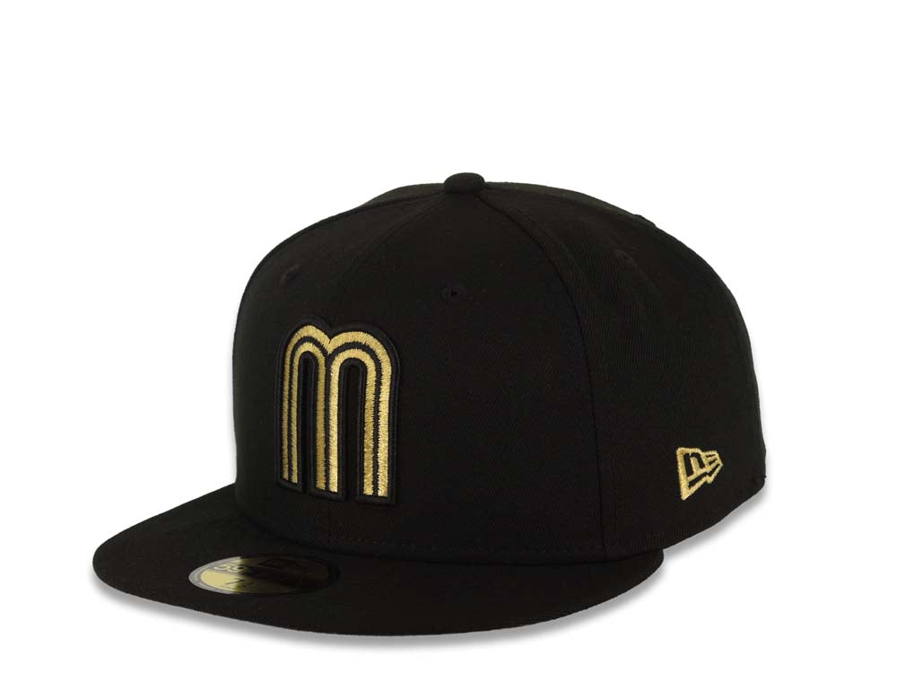 Mexico New Era WBC World Baseball Classic 59FIFTY 5950 Fitted Cap Hat Black Crown/Visor Metallic Gold/Black Logo Mexico Side Patch Gray UV