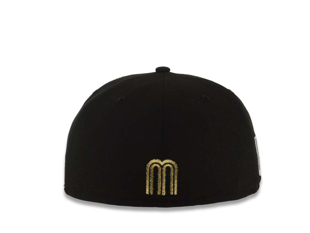 Mexico New Era WBC World Baseball Classic 59FIFTY 5950 Fitted Cap Hat Black Crown/Visor Metallic Gold/Black Logo Mexico Side Patch Gray UV