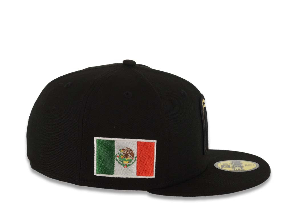 Mexico New Era WBC World Baseball Classic 59FIFTY 5950 Fitted Cap Hat Black Crown/Visor Metallic Gold/Black Logo Mexico Side Patch Gray UV