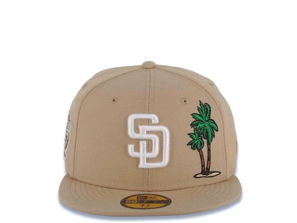 San Diego Padres New Era MLB 59FIFTY 5950 Fitted Cap Hat Khaki Crown/Visor White Logo With Palm Trees 25th Anniversary Side Patch Gray UV
