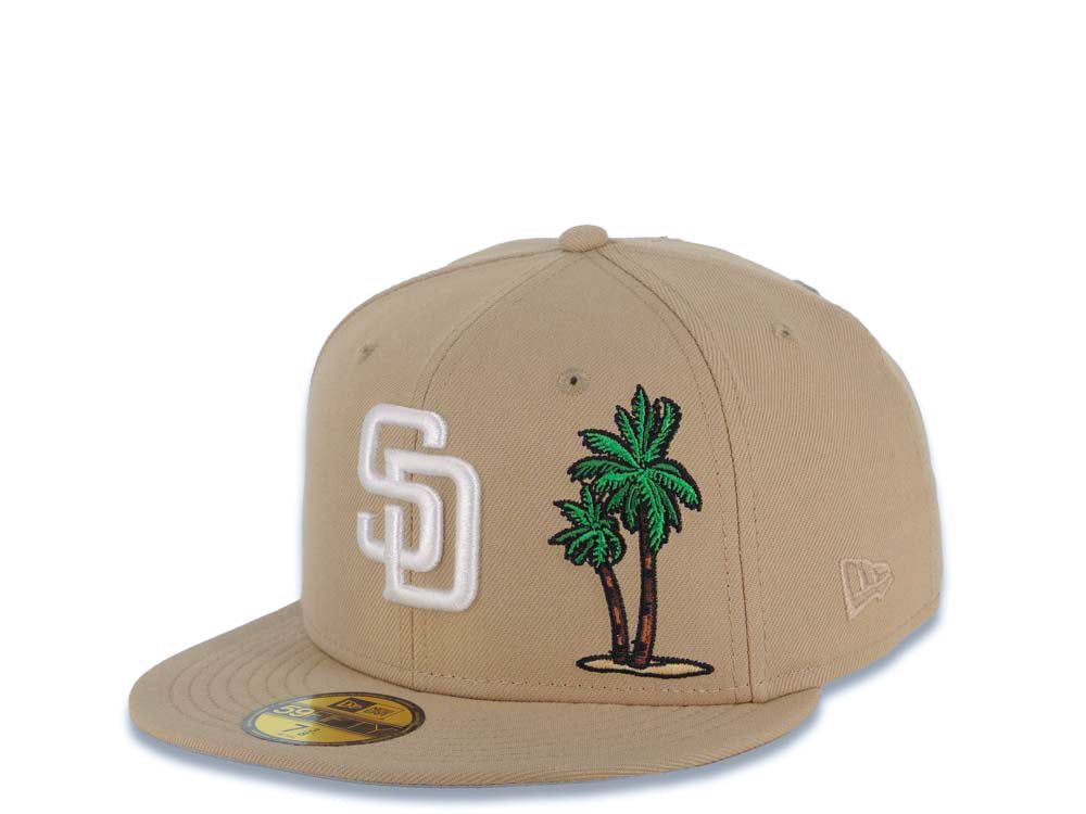 San Diego Padres New Era MLB 59FIFTY 5950 Fitted Cap Hat Khaki Crown/Visor White Logo With Palm Trees 25th Anniversary Side Patch Gray UV