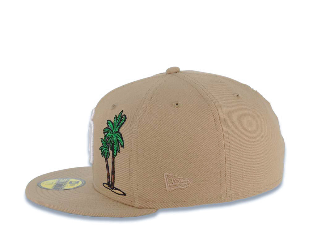 San Diego Padres New Era MLB 59FIFTY 5950 Fitted Cap Hat Khaki Crown/Visor White Logo With Palm Trees 25th Anniversary Side Patch Gray UV