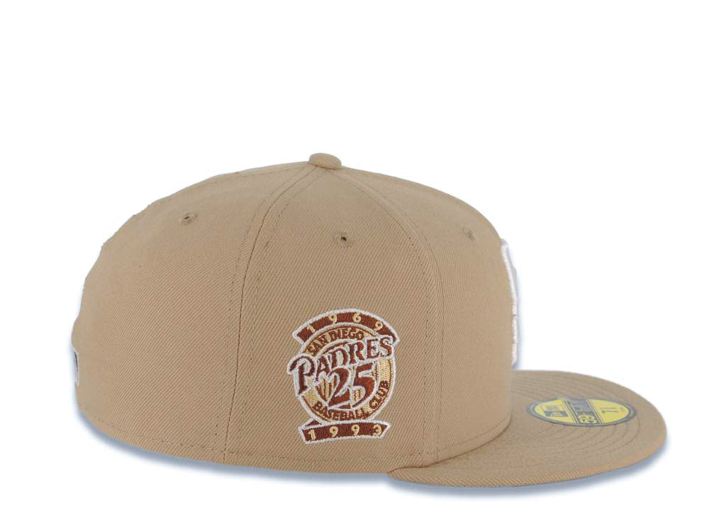 San Diego Padres New Era MLB 59FIFTY 5950 Fitted Cap Hat Khaki Crown/Visor White Logo With Palm Trees 25th Anniversary Side Patch Gray UV