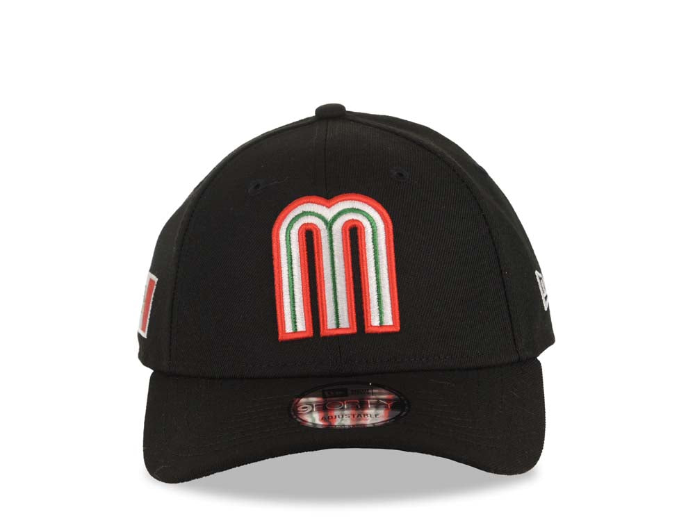 Mexico New Era WBC World Baseball Classic 9FORTY 940 Adjustable Cap Hat Black Crown/Visor Red/White/Green Logo Mexico Flag Side Patch Black UV
