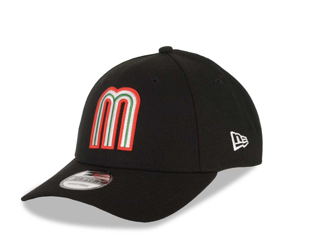 Mexico New Era WBC World Baseball Classic 9FORTY 940 Adjustable Cap Hat Black Crown/Visor Red/White/Green Logo Mexico Flag Side Patch Black UV