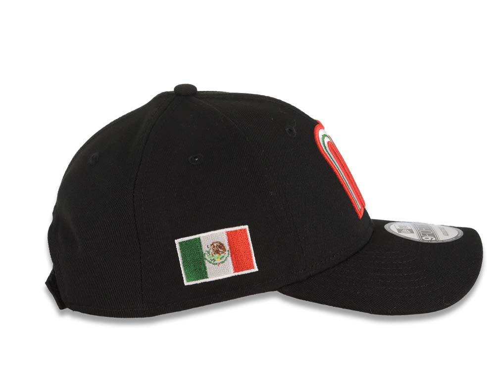 Mexico New Era WBC World Baseball Classic 9FORTY 940 Adjustable Cap Hat Black Crown/Visor Red/White/Green Logo Mexico Flag Side Patch Black UV