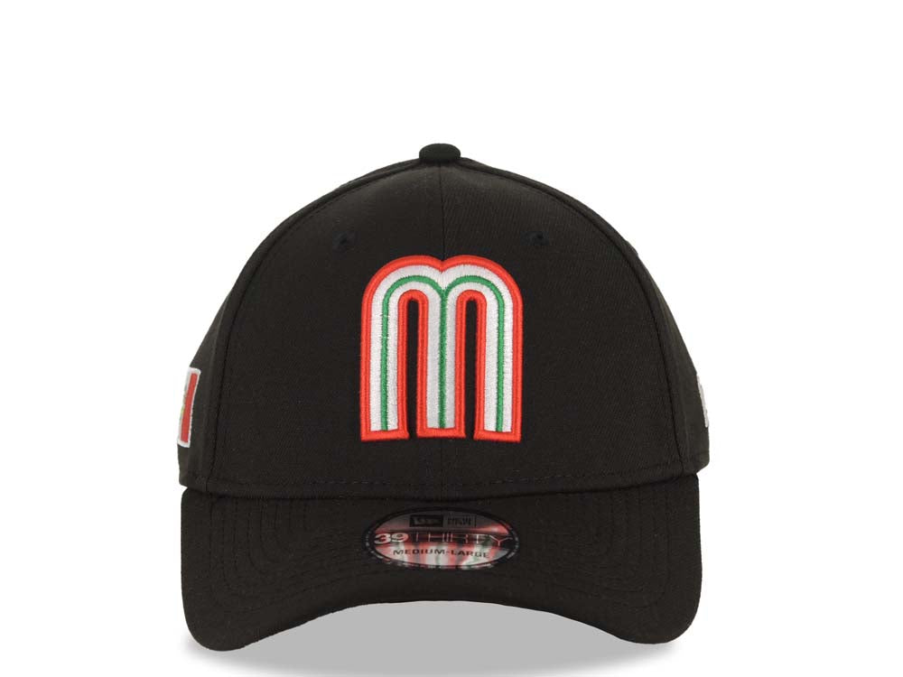Mexico New Era WBC World Baseball Classic 39THIRTY 3930 Flexfit Cap Hat Black Crown/Visor Team Color Logo Mexico Flag Side Patch