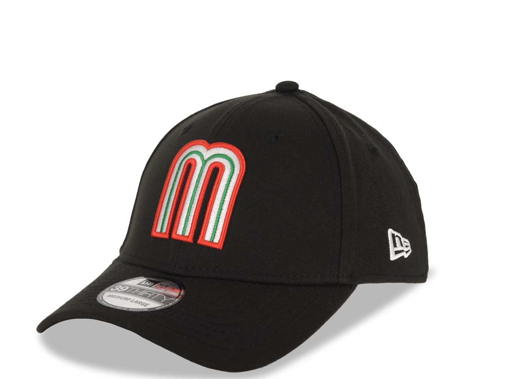 Mexico New Era WBC World Baseball Classic 39THIRTY 3930 Flexfit Cap Hat Black Crown/Visor Team Color Logo Mexico Flag Side Patch