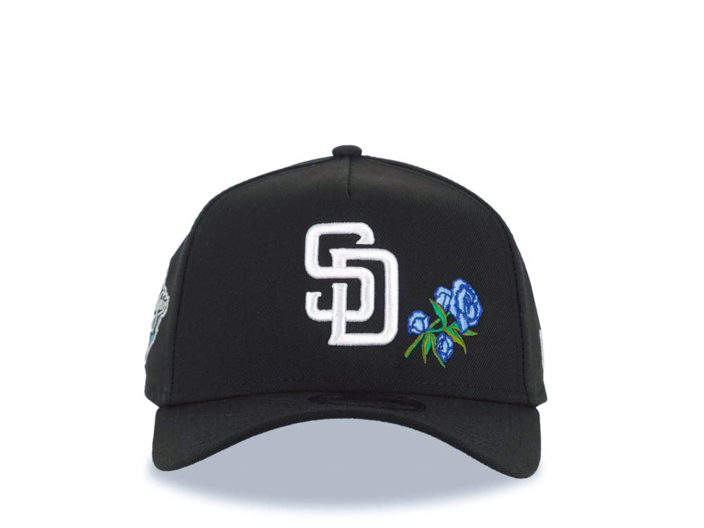 San Diego Padres New Era MLB 9FORTY 940 Adjustable A-Frame Cap Hat Black Crown/Visor White Logo With Rose 1998 World Series Side Patch Sky Blue UV