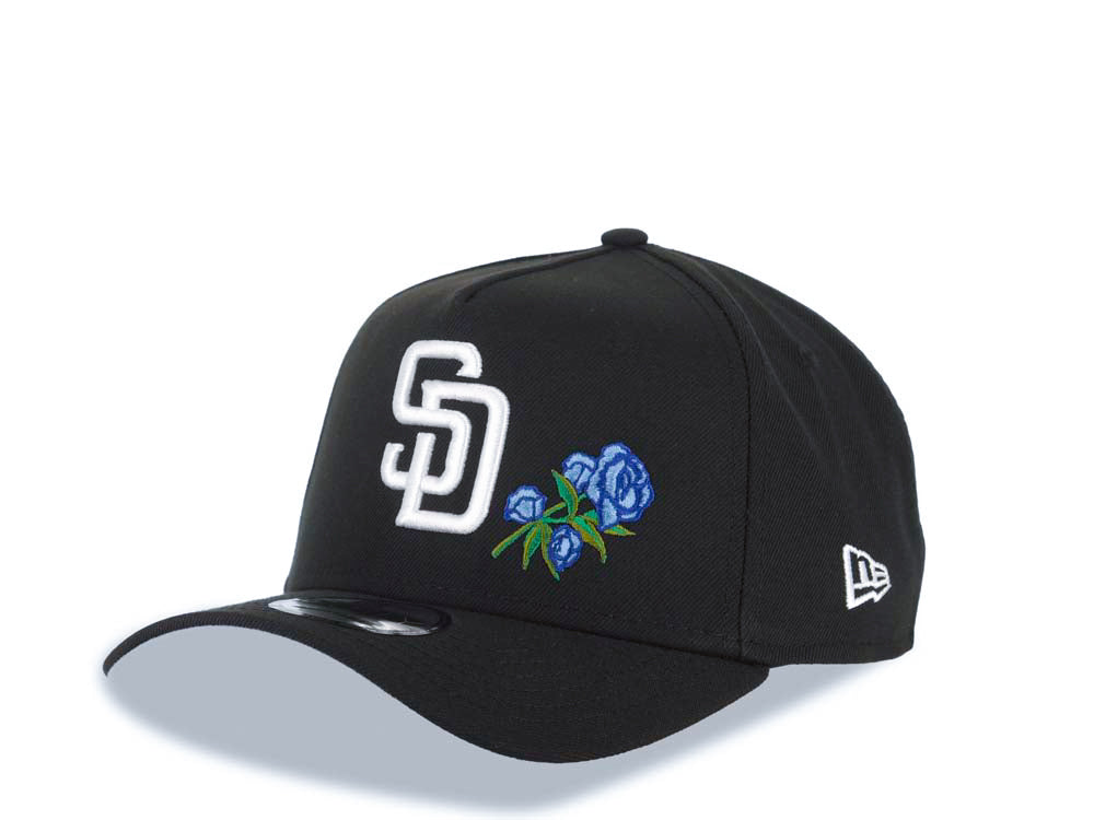 San Diego Padres New Era MLB 9FORTY 940 Adjustable A-Frame Cap Hat Black Crown/Visor White Logo With Rose 1998 World Series Side Patch Sky Blue UV