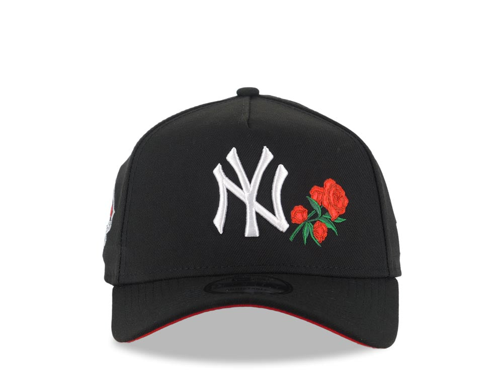 New York Yankees New Era MLB 9FORTY 940 Adjustable A-Frame Snapback Cap Hat Black Crown/Visor White Logo with Rose 1999 World Series Side Patch Red UV