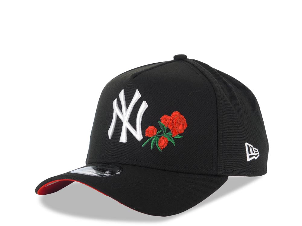 New York Yankees New Era MLB 9FORTY 940 Adjustable A-Frame Snapback Cap Hat Black Crown/Visor White Logo with Rose 1999 World Series Side Patch Red UV