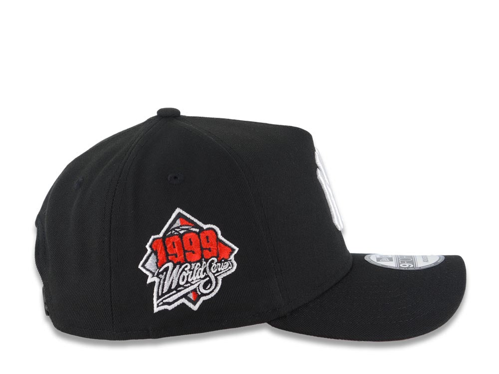 New York Yankees New Era MLB 9FORTY 940 Adjustable A-Frame Snapback Cap Hat Black Crown/Visor White Logo with Rose 1999 World Series Side Patch Red UV