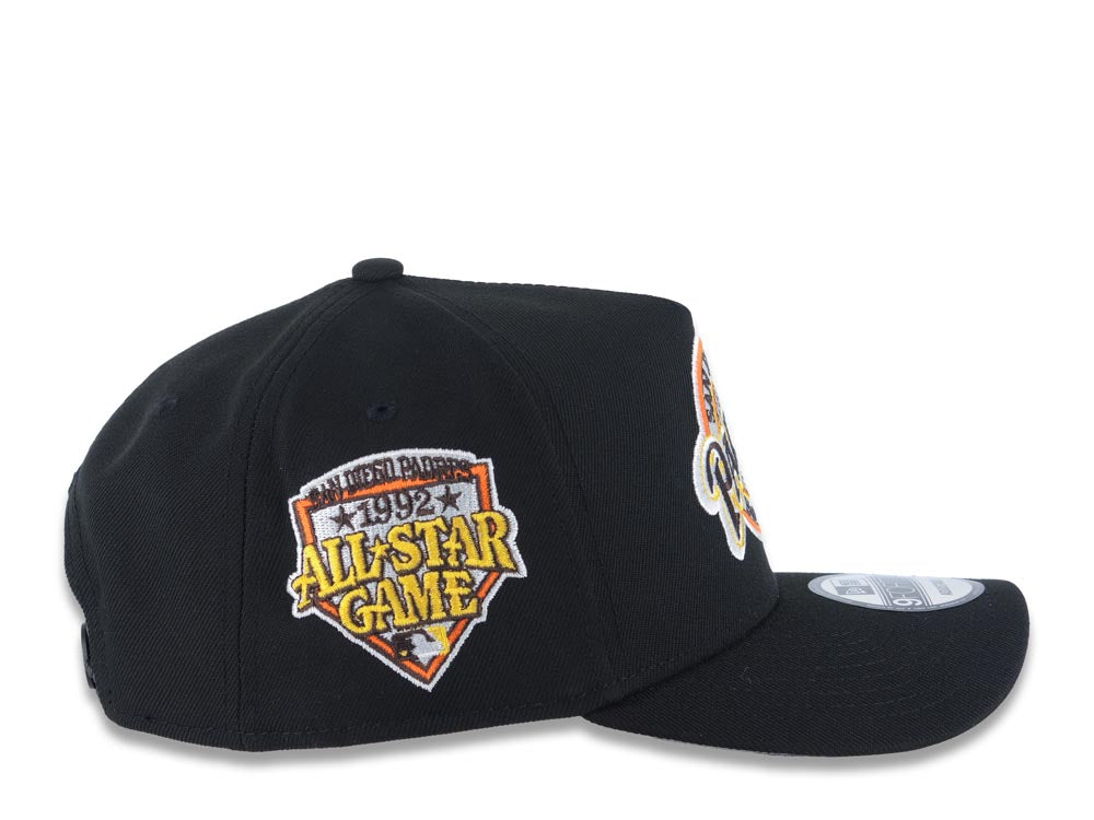 San Diego Padres New Era MLB 9FORTY 940 Adjustable A-Frame Snapback Cap Hat Black Crown/Visor Team Color Baseball Club Logo 1992 All-Star Game Patch