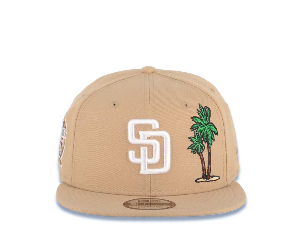 San Diego Padres New Era MLB 9FIFTY 950 Snapback Cap Hat Khaki Crown/Visor White Logo With Palm Tree 25th Anniversary Side Patch Gray UV