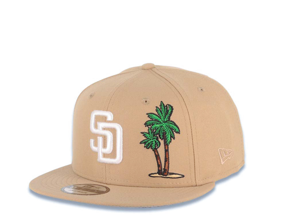 San Diego Padres New Era MLB 9FIFTY 950 Snapback Cap Hat Khaki Crown/Visor White Logo With Palm Tree 25th Anniversary Side Patch Gray UV