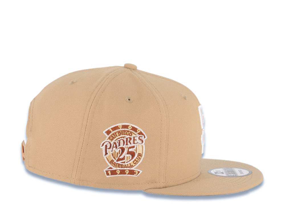 San Diego Padres New Era MLB 9FIFTY 950 Snapback Cap Hat Khaki Crown/Visor White Logo With Palm Tree 25th Anniversary Side Patch Gray UV