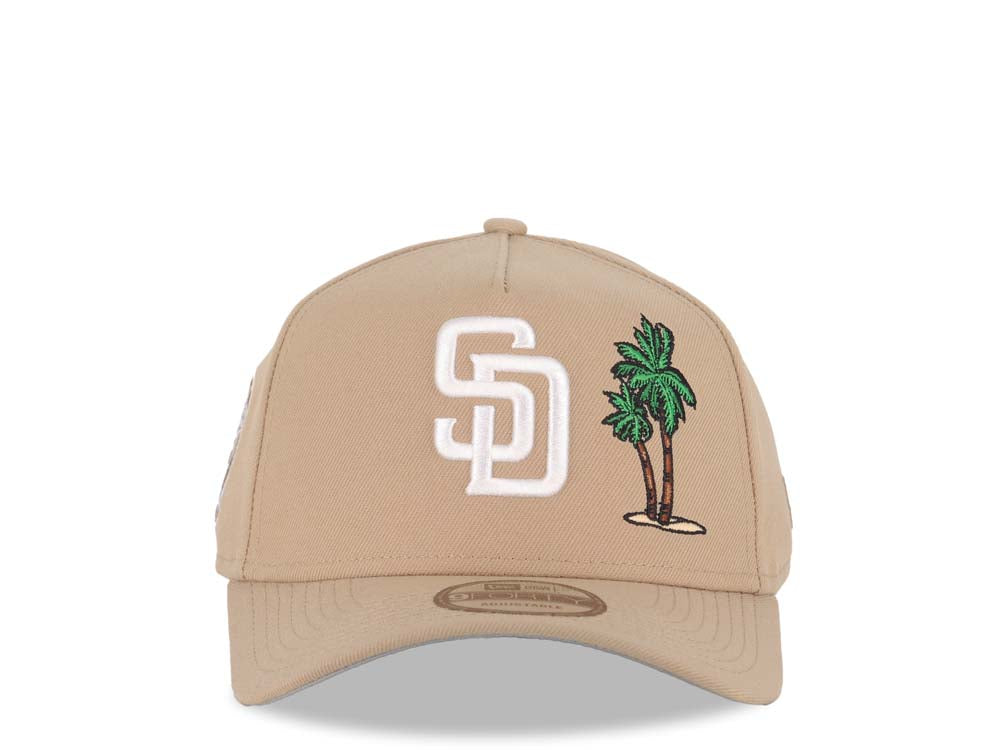 San Diego Padres New Era MLB 9FORTY 940 Adjustable A-Frame Cap Hat Khaki Crown/Visor White Logo With Palm Trees 25th Anniversary Side Patch