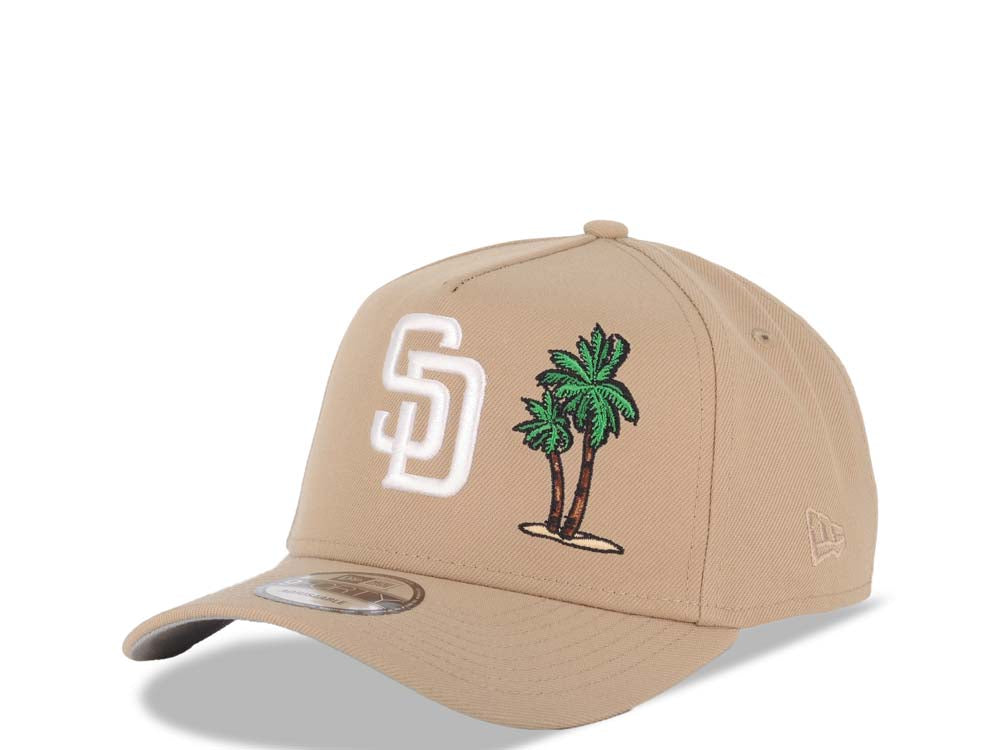 San Diego Padres New Era MLB 9FORTY 940 Adjustable A-Frame Cap Hat Khaki Crown/Visor White Logo With Palm Trees 25th Anniversary Side Patch