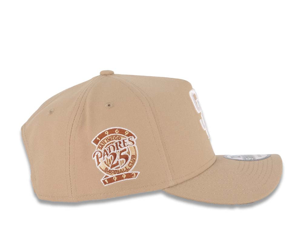 San Diego Padres New Era MLB 9FORTY 940 Adjustable A-Frame Cap Hat Khaki Crown/Visor White Logo With Palm Trees 25th Anniversary Side Patch