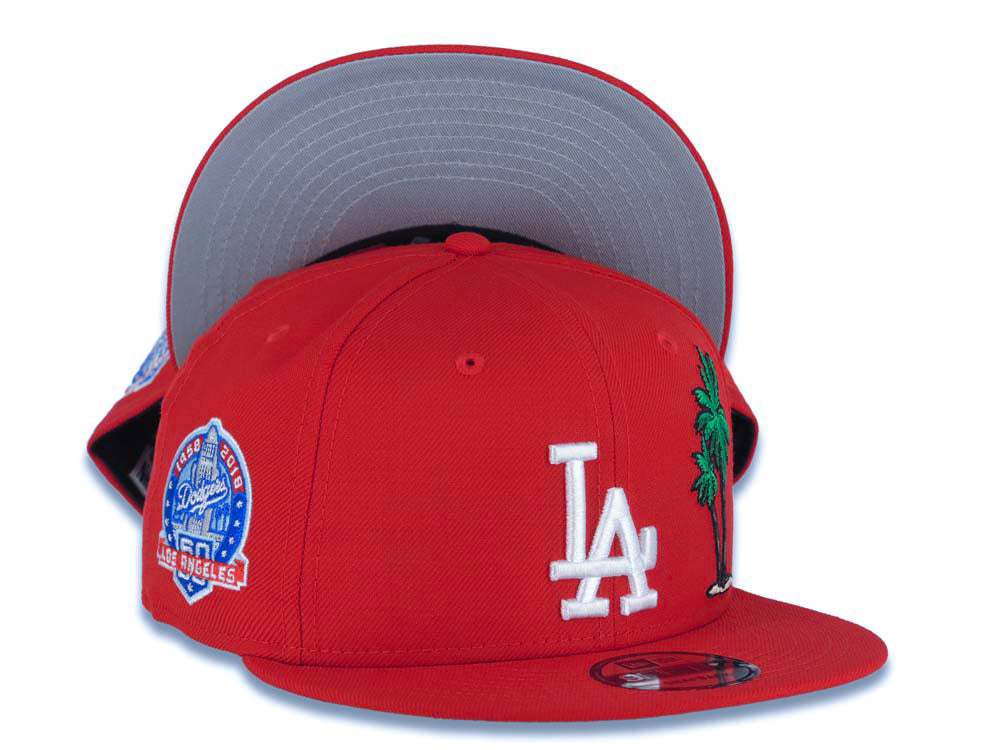 Los Angeles Dodgers New Era 9FIFTY 950 Snapback Cap Hat Red Crown/Visor White With Palm Trees Logo 60th Anniversary Side Patch Gray UV