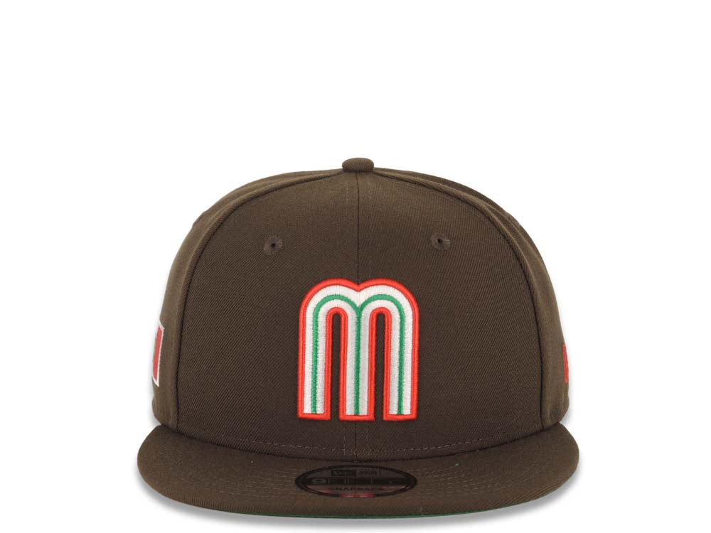 Mexico New Era 9FIFTY 950 Snapback Cap Hat Brown Crown/Visor Red/Green/White Logo Mexico Flag Side Patch Green UV