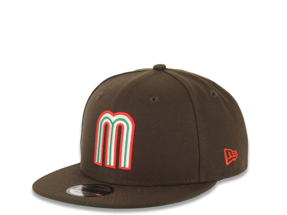 Mexico New Era 9FIFTY 950 Snapback Cap Hat Brown Crown/Visor Red/Green/White Logo Mexico Flag Side Patch Green UV
