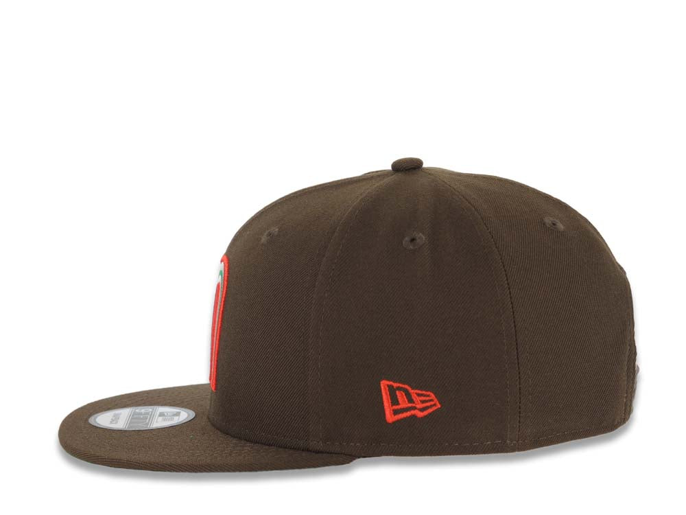 Mexico New Era 9FIFTY 950 Snapback Cap Hat Brown Crown/Visor Red/Green/White Logo Mexico Flag Side Patch Green UV