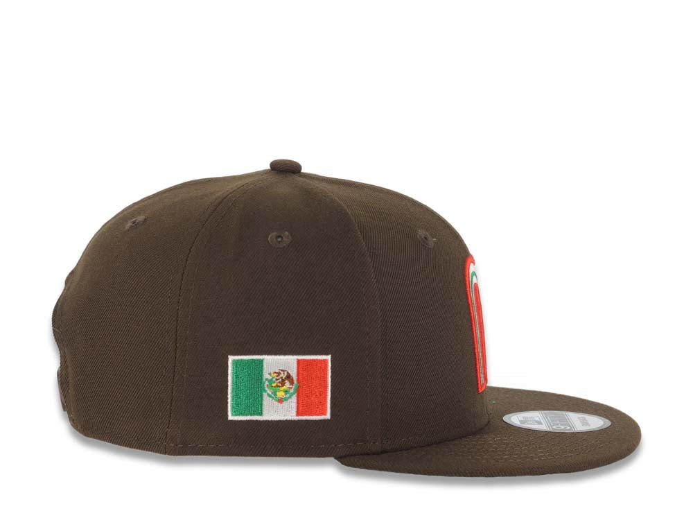 Mexico New Era 9FIFTY 950 Snapback Cap Hat Brown Crown/Visor Red/Green/White Logo Mexico Flag Side Patch Green UV