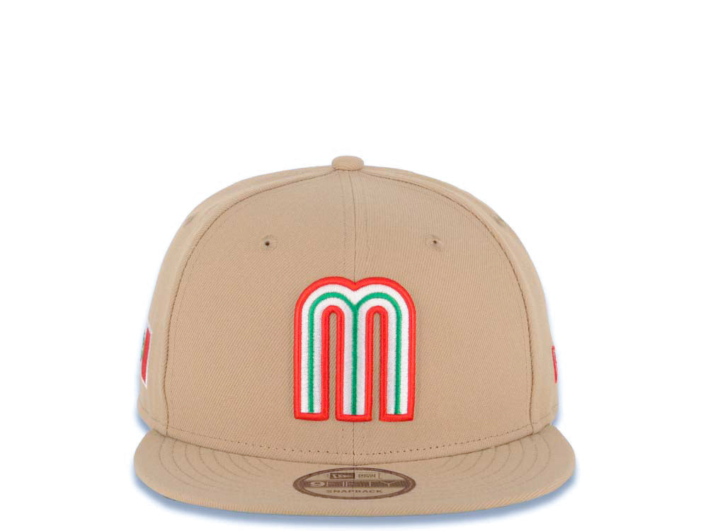 Mexico New Era 9FIFTY 950 Snapback Cap Hat Khaki Crown/Visor Red/White/Green Logo Mexico Flag Side Patch Green UV