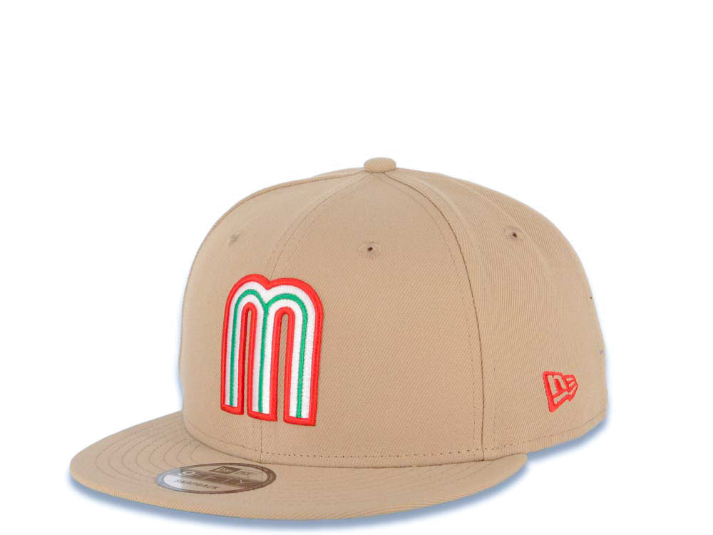 Mexico New Era 9FIFTY 950 Snapback Cap Hat Khaki Crown/Visor Red/White/Green Logo Mexico Flag Side Patch Green UV