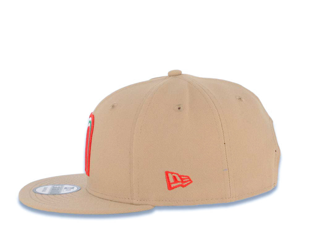 Mexico New Era 9FIFTY 950 Snapback Cap Hat Khaki Crown/Visor Red/White/Green Logo Mexico Flag Side Patch Green UV