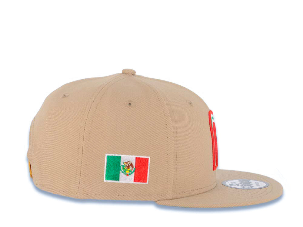 Mexico New Era 9FIFTY 950 Snapback Cap Hat Khaki Crown/Visor Red/White/Green Logo Mexico Flag Side Patch Green UV