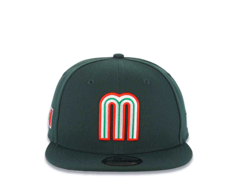 Mexico New Era 9FIFTY 950 Snapback Cap Hat Dark Green Crown/Visor Red/White/Green Logo Mexico Flag Side Patch Gray UV