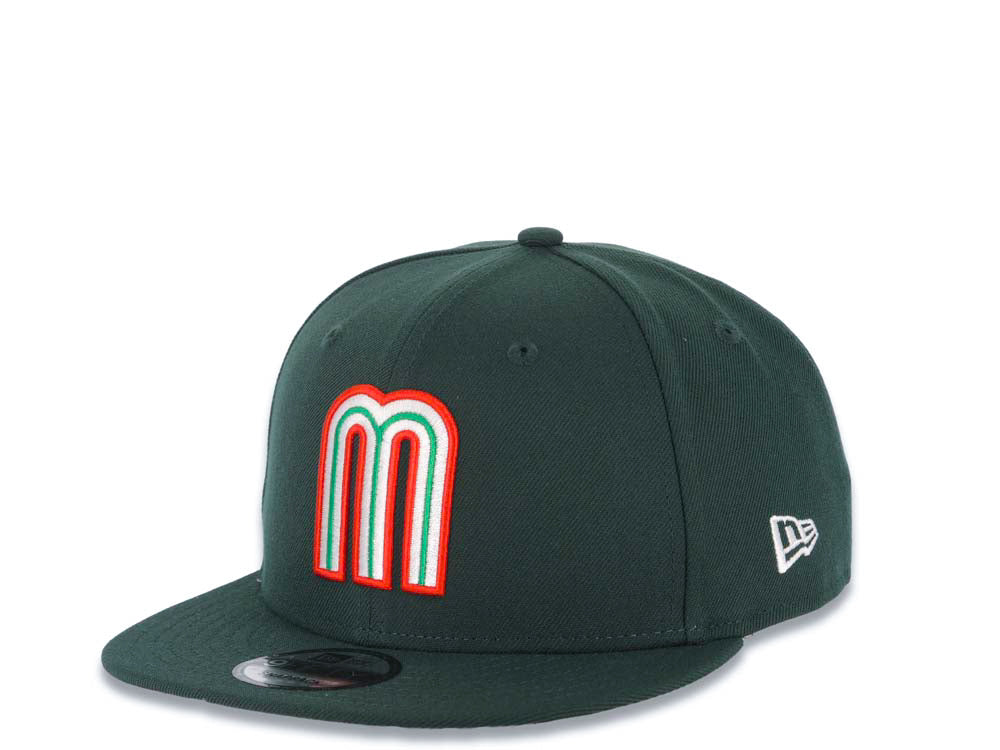 Mexico New Era 9FIFTY 950 Snapback Cap Hat Dark Green Crown/Visor Red/White/Green Logo Mexico Flag Side Patch Gray UV